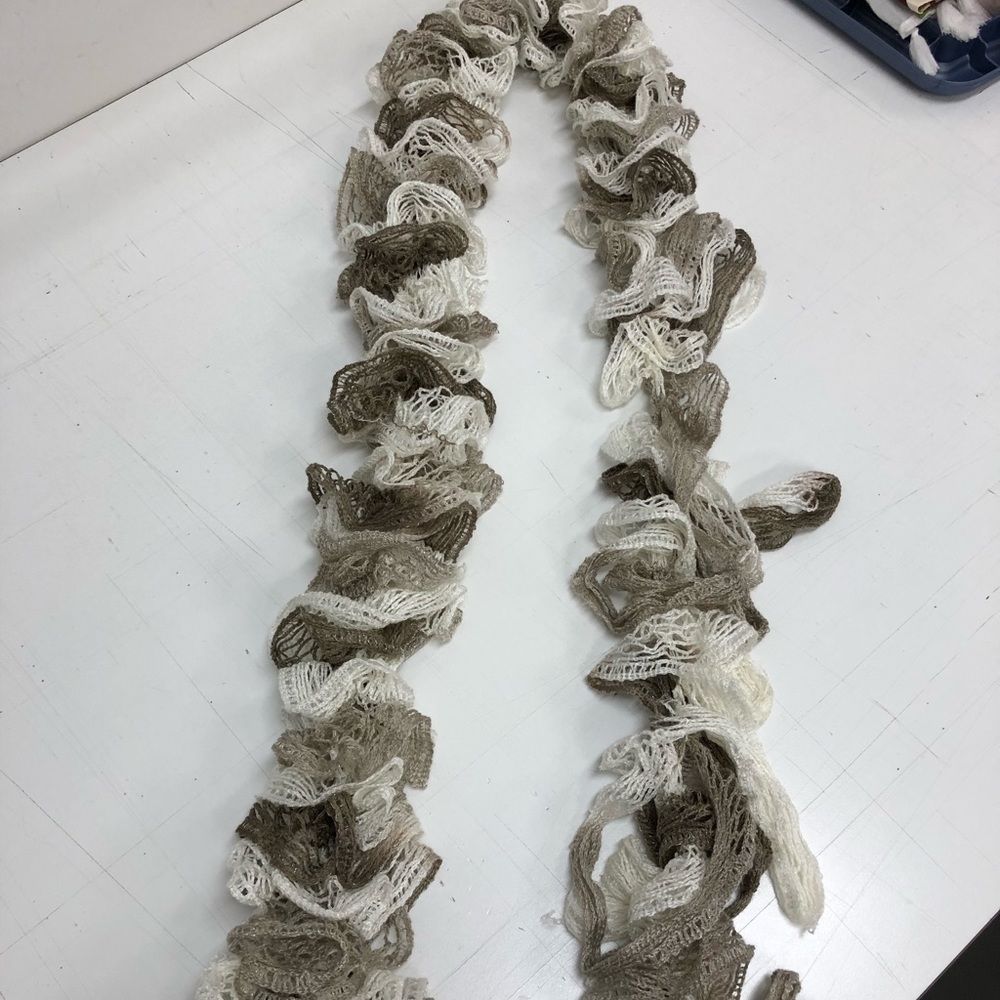 Grey/brown/cream hand knitted ruffled scarf